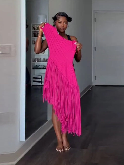 2026 New Festival Fashion Women Dress Sleeveless Hollow-out Asymmetric Fringed Hem Knitted Dresses Holiday Club Party Outfit